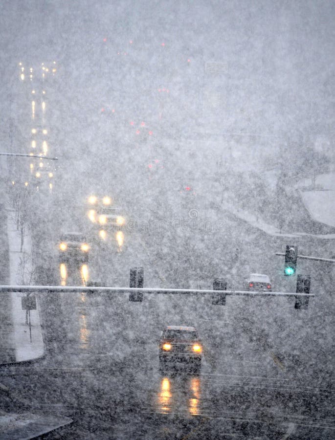 Driving in Winter Storm with Blizzard Snow