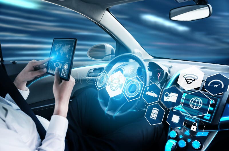 Drivlös insida av bilen med framtida instrumentpanel för självständigt kontrollsystem stock illustrationer