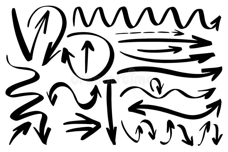Drog designbeståndsdelar för vektor hand Former för utdragna pilar för färgpulverborste olika Monokrom samling stock illustrationer Drog designbeståndsdelar för vektor hand Former för utdragna pilar för färgpulverborste olika Monokrom samling stock illustrationer