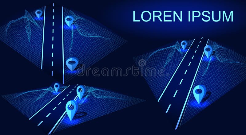 Droga, autostrada w 3D Futurystyczny hud projekta element Nawigacji metoda z markierami Geolocation z lorem ipsum ilustracja wektor Droga, autostrada w 3D Futurystyczny hud projekta element Nawigacji metoda z markierami Geolocation z lorem ipsum ilustracja wektor