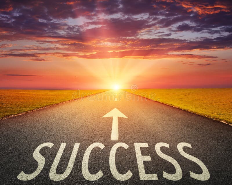 Driving on an empty asphalt road towards the setting sun and sign which symbolizing success. Concept for success. Driving on an empty asphalt road towards the setting sun and sign which symbolizing success. Concept for success.
