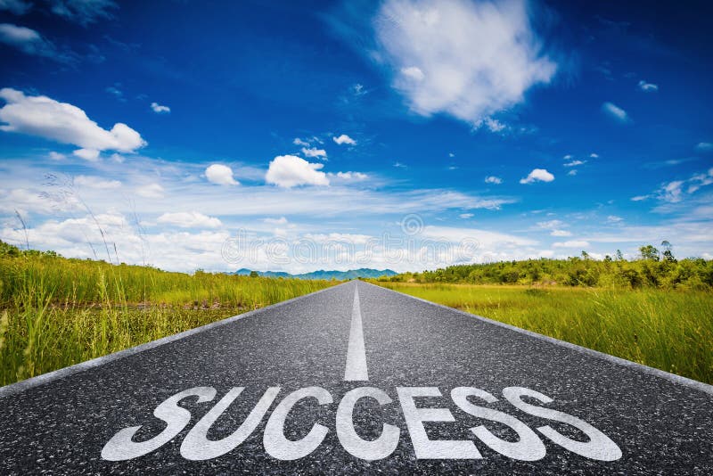 Road to success concept with 3d rendered success text on asphalt road. Road to success concept with 3d rendered success text on asphalt road