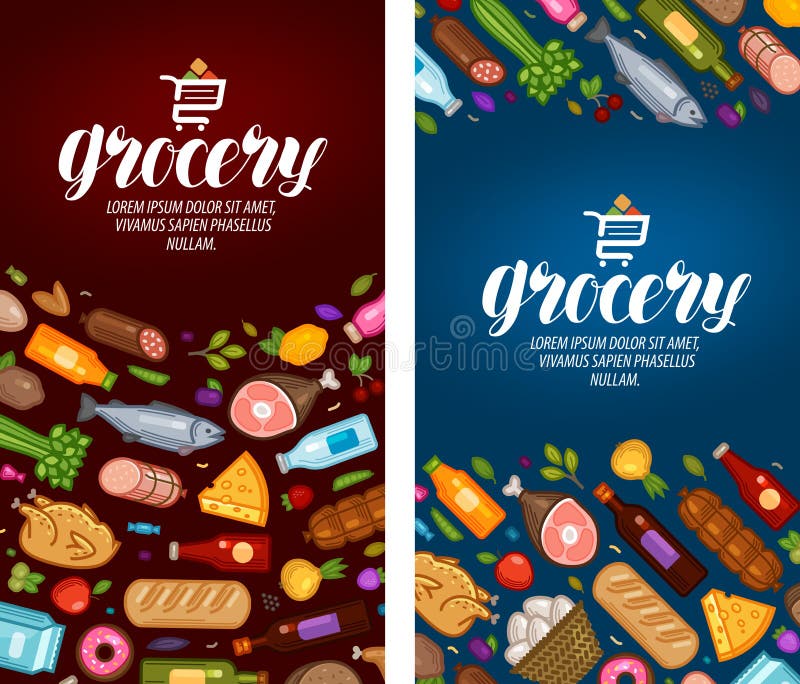 Drogheria, etichetta Alimento, insegna del supermercato Illustrazione di vettore illustrazione vettoriale