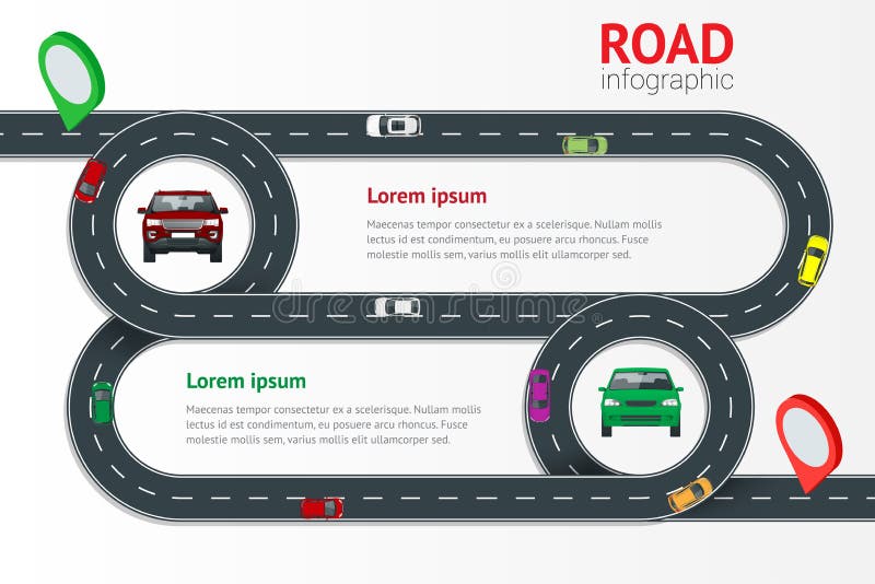 Drogowy infographic szablon z kolorową wałkową pointeru wektoru ilustracją Poruszający samochody na drodze, odgórny widok Ścieżka ilustracji Drogowy infographic szablon z kolorową wałkową pointeru wektoru ilustracją Poruszający samochody na drodze, odgórny widok Ścieżka ilustracji