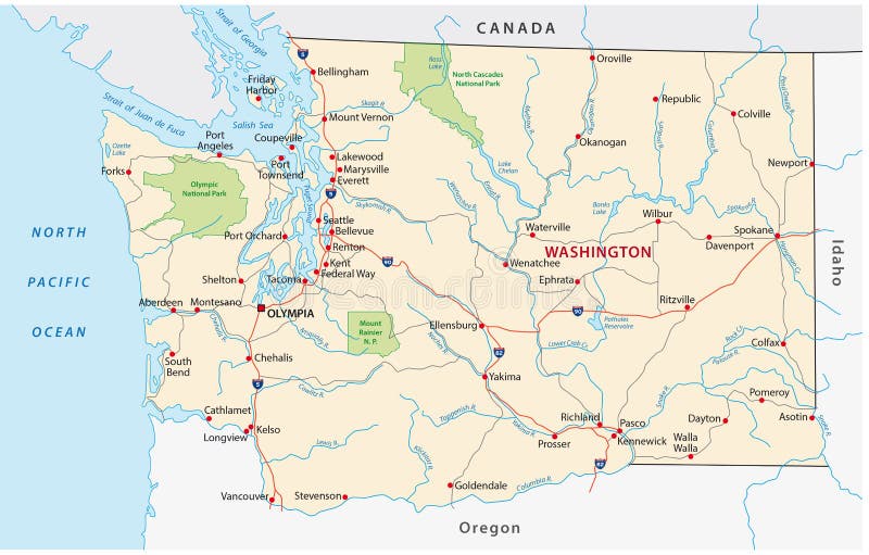 Road map of the US American Federal State Washington. Road map of the US American Federal State Washington