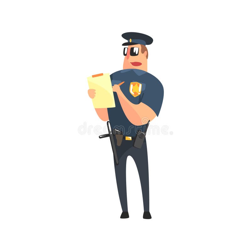 Drogowy policjant W Amerykańskim policjanta mundurze Z pałką, radiem, Armatnim Holster I okularami przeciwsłonecznymi, Pisze bile royalty ilustracja Drogowy policjant W Amerykańskim policjanta mundurze Z pałką, radiem, Armatnim Holster I okularami przeciwsłonecznymi, Pisze bile royalty ilustracja