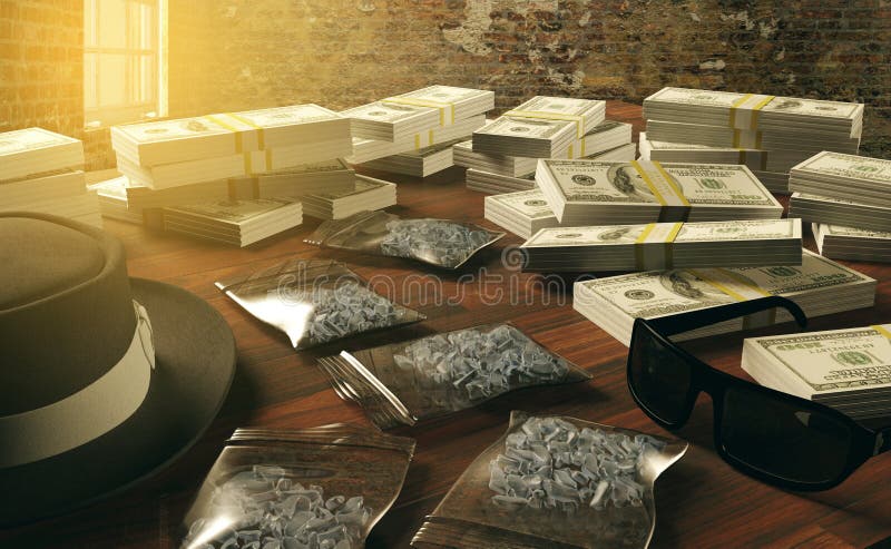 Drogues d'affaires et dollars illégaux, trafiquant de drogue de Mafia images stock