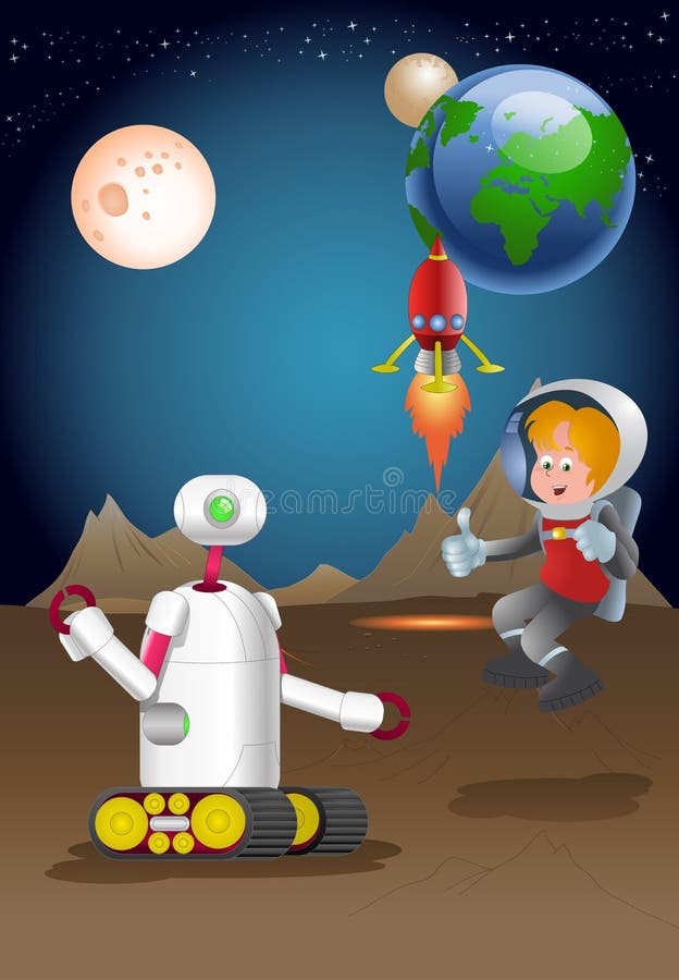 Droid robot guarding male astronout exploring planet vector illustration