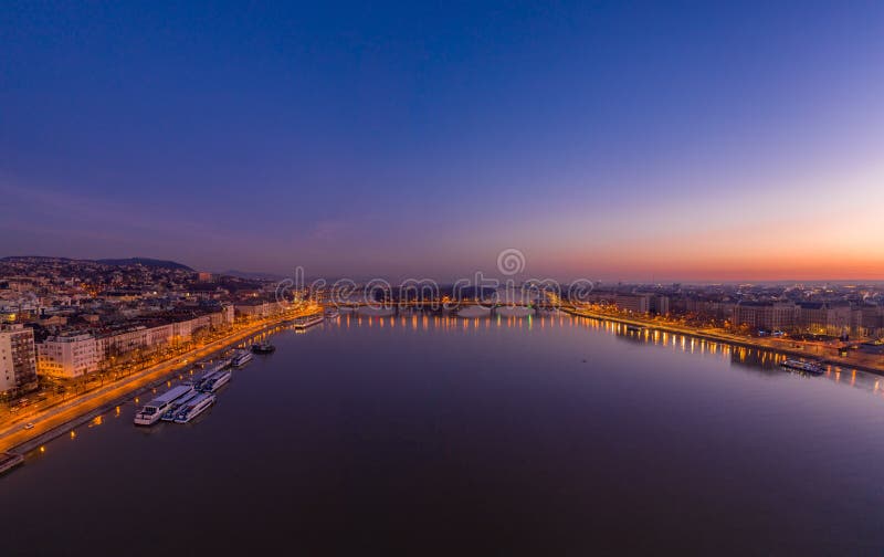 Aerial drone shot of Margaret island bridge in Budapest dawn before sunrise in winter. Aerial drone shot of Margaret island bridge in Budapest dawn before sunrise in winter