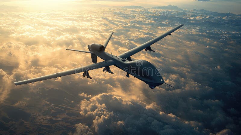 Dron de vigilancia a gran altitud volando sobre las nubes al amanecer con majestuoso fondo de montaña stock de ilustración