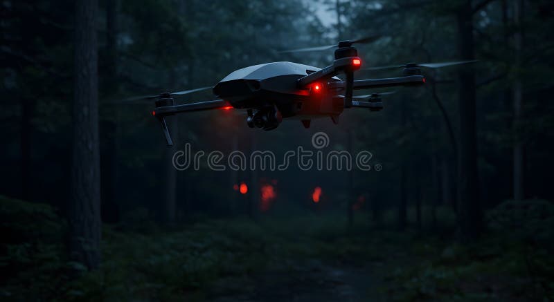 Dron Hightech z kamerami noktowizyjnymi prowadzącymi obserwację w ciemno odległym lesie royalty ilustracja