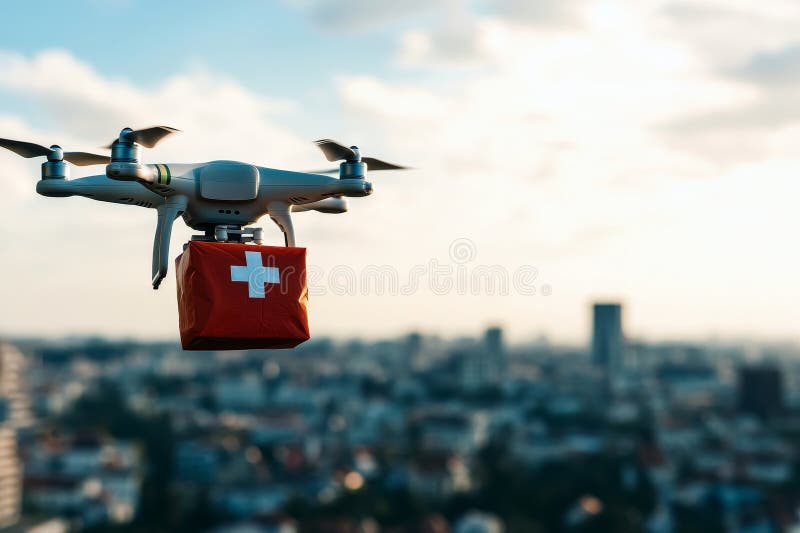 Dron medyczny dostarczający zestaw pierwszej pomocy w mieście, prezentujący futurystyczną pomoc medyczną w zakresie dronów medyczn ilustracji