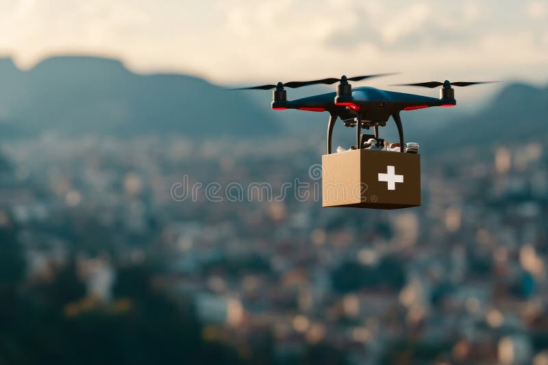 Dron medyczny leci nad miastem dostarczając apteczkę, która symbolizuje przyszłość efektywnej opieki zdrowotnej dostawy ilustracja wektor