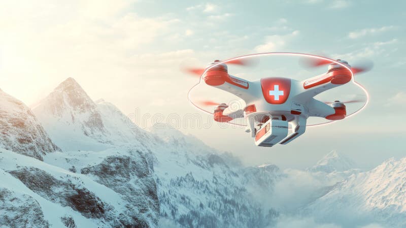Dron medyczny lecący nad śnieżnym pasmem górskim ilustracja wektor