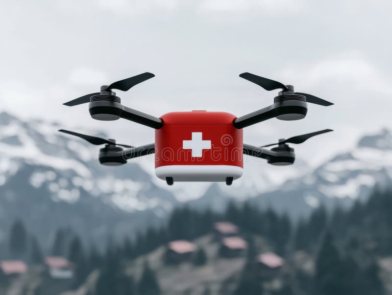 Dron medyczny z czerwonym krzyżykiem dostarcza zapasy ratunkowe podczas lotu nad śnieżnymi górami. ilustracja wektor