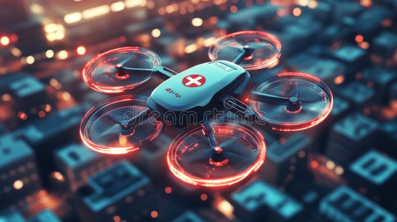 Dron medyczny z czerwonymi światłami unoszącymi się nad miejskim krajobrazem ilustracji