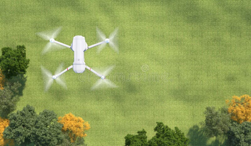 Dron sobrevolando el verde césped cubierto de césped Cuadrocopio sobre una tala con árboles Vista superior Ilustración con copia stock de ilustración
