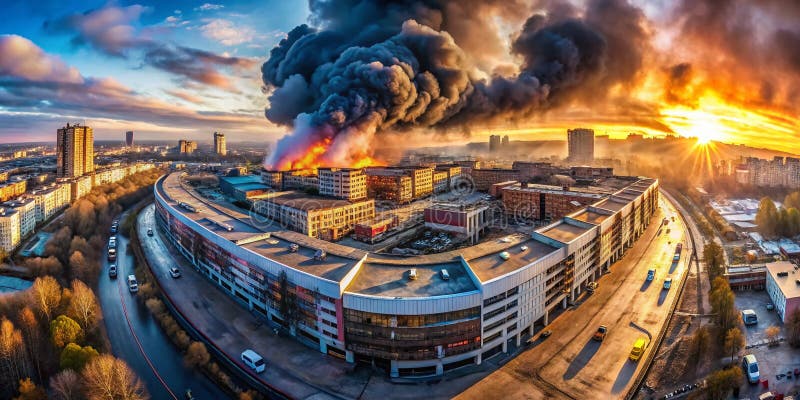 Dron uchwyca dewastację i odporność kemerowa pejzaż miejski po poważnym pożarze surrealistyczną panoramą ilustracja wektor
