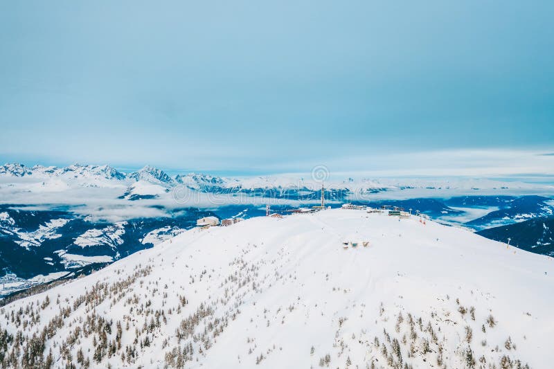 Drone aerial view of snowy mountains in Kronplatz