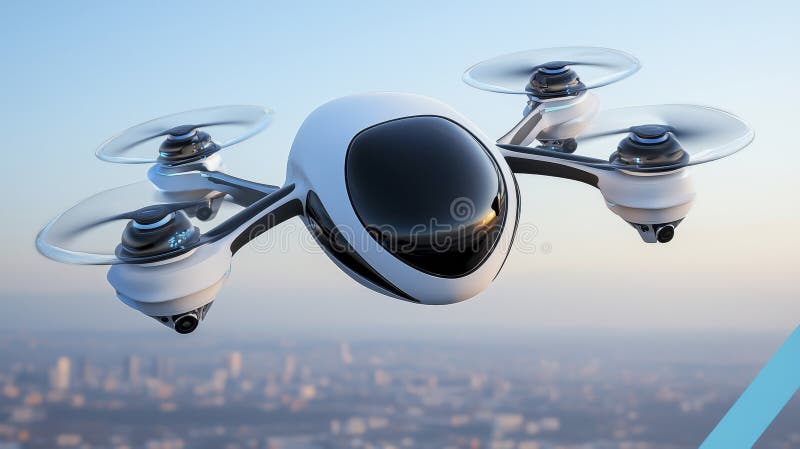 Drone bianco futuristico che sorge sulla città all'alba royalty illustrazione gratis
