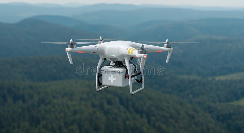 Drone Bianco Per La Fornitura Di Forniture Mediche Sulle Montagne Verdi Di Lush royalty illustrazione gratis