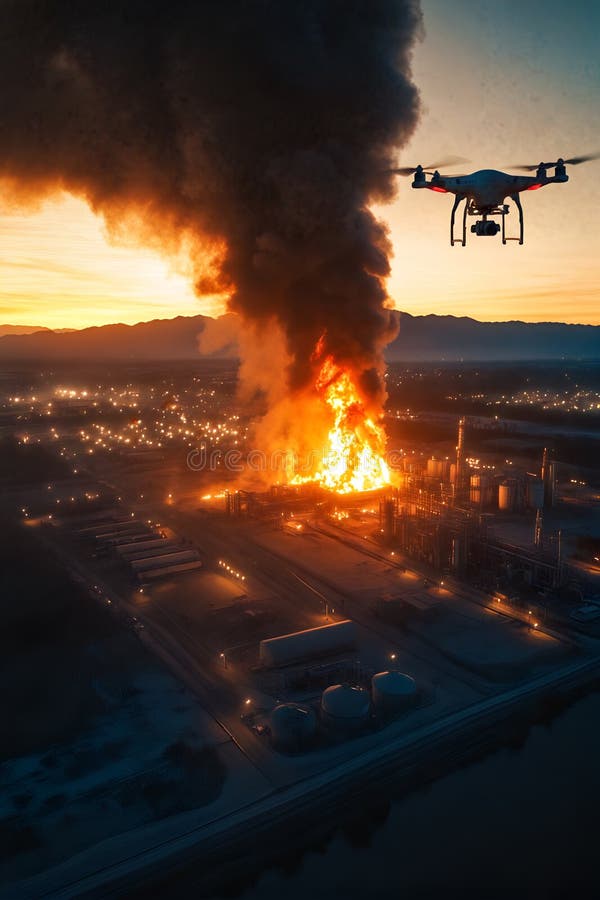 Drone capture le feu industriel dramatique au lever du soleil avec une fumée épaisse et des flammes illustration stock