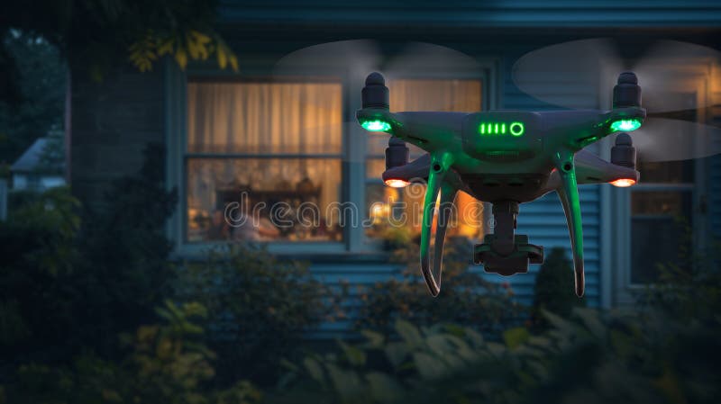 Drone de aviones no tripulados que espian a av sobrevolando la ventana de una casa libre illustration