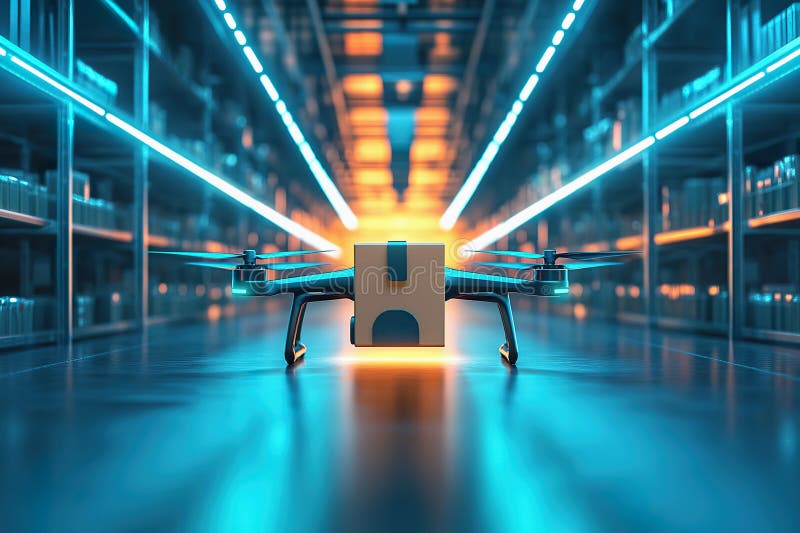 Drone delivers package in futuristic urban lab with high tech environment stock image