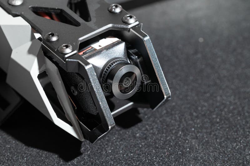 Drone first person view flying combat device front side with gimbal camera lens element studio workshop concept picture royalty free stock photography