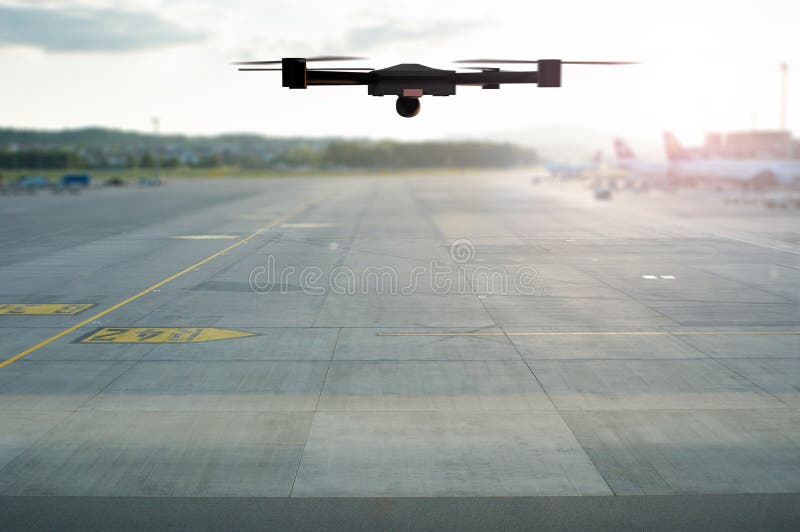 Drone Flying Above the Airport Runway Stock Image Image of control