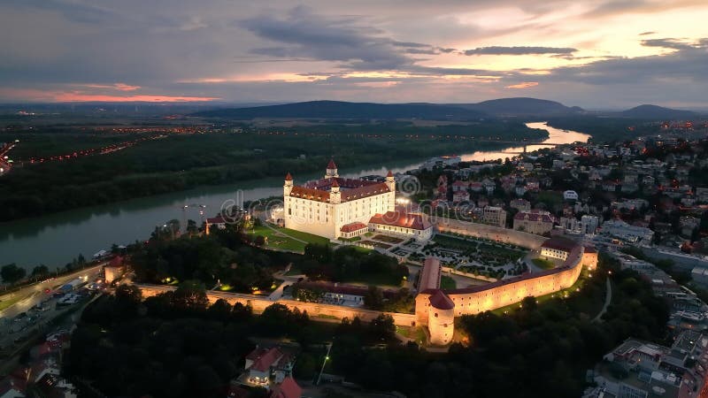 Drone flying at illuminated Bratislava Castle or Bratislavsky Hrad
