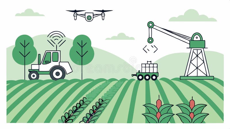 Drone flying over fields, modern agricultural technology vector design Generative AI stock illustration