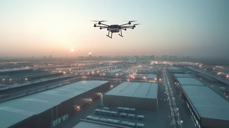Drone Hovering Over Logistics Distribution Center at Sunset stock illustration
