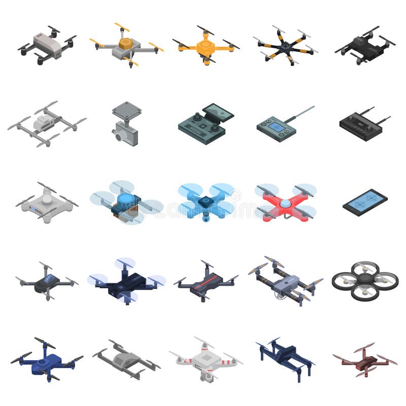 Drone icon set, isometric style stock illustration