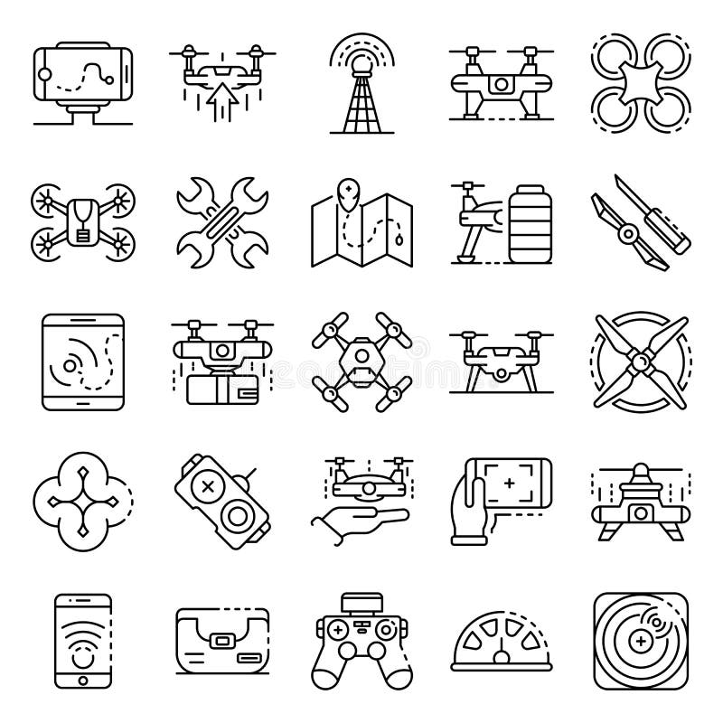 Drone icon set, outline style royalty free illustration