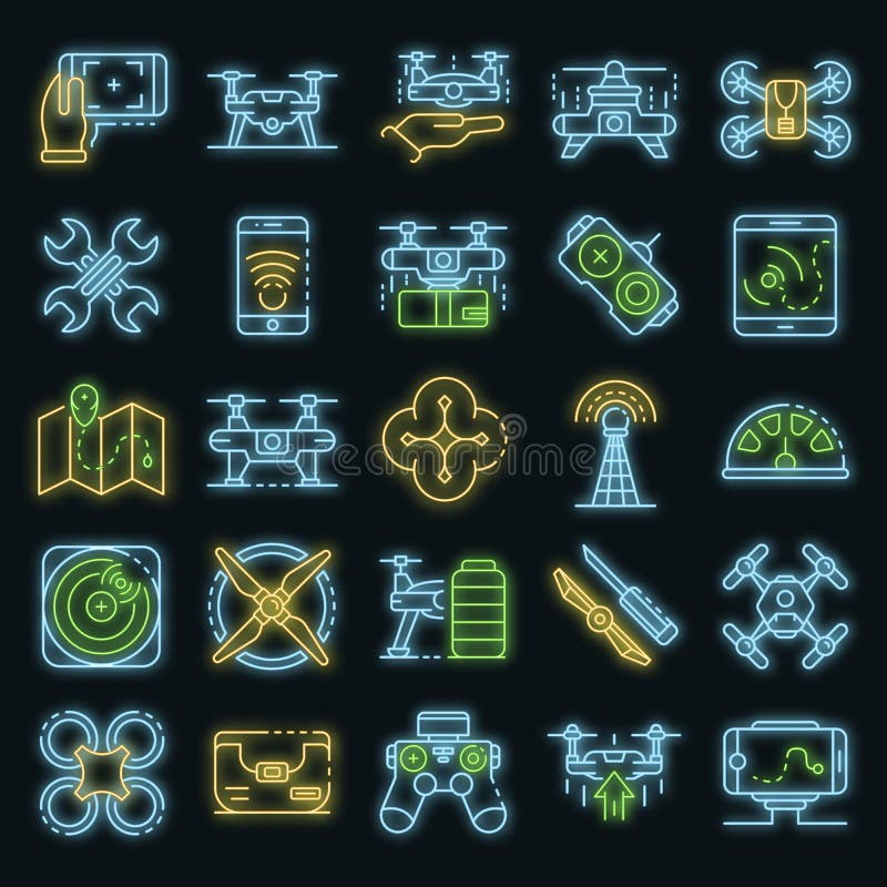Drone icon set vector neon stock illustration