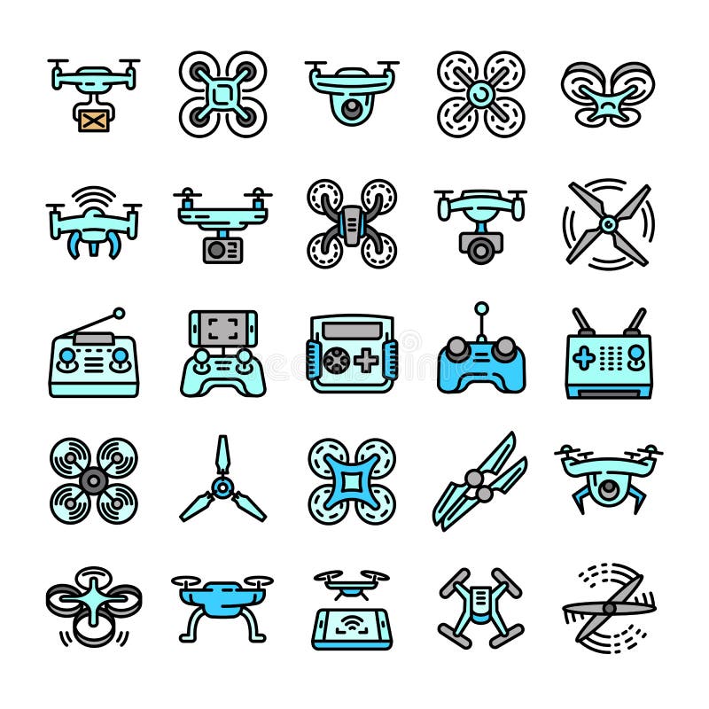 Drone icons set, outline style vector illustration