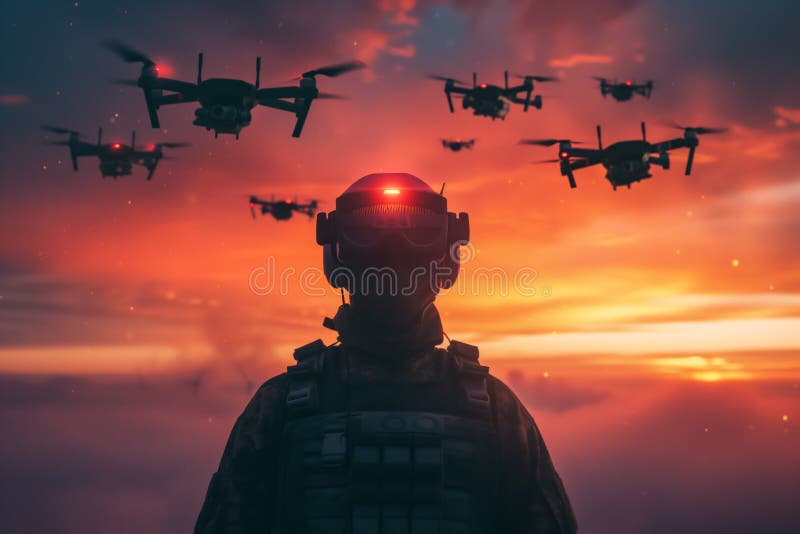 Silhouette of a drone warrior wearing goggles stands with a commanding posture as a swarm of drones hovers in the sky, against a vivid sunset backdrop. AI generated. Silhouette of a drone warrior wearing goggles stands with a commanding posture as a swarm of drones hovers in the sky, against a vivid sunset backdrop. AI generated