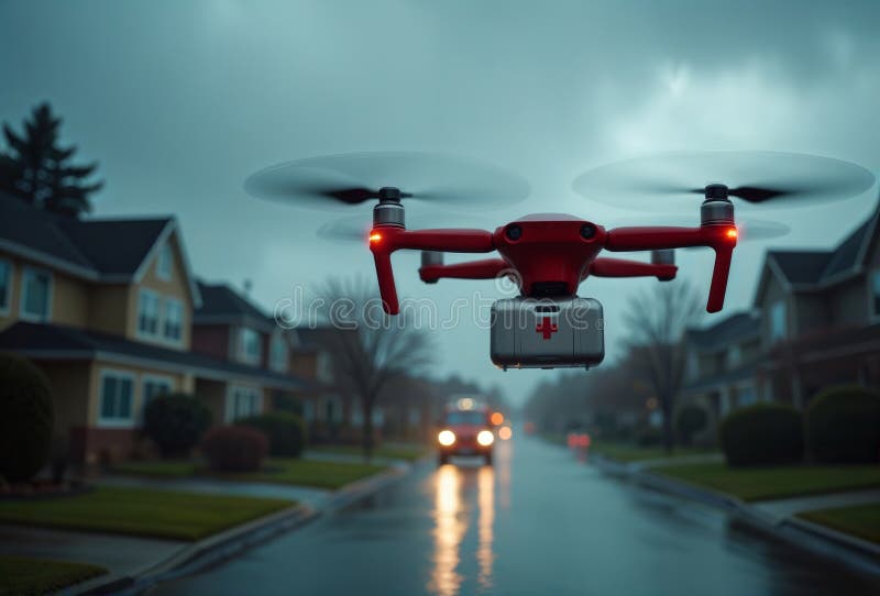 Drone lekarskie dostarcza materiały ponad suburbami generacyjne ai ilustracja wektor