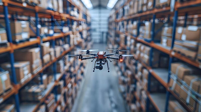 Drone Navigates Warehouse Aisles for Streamlined Inventory. Concept Inventory Management, Drone stock illustration