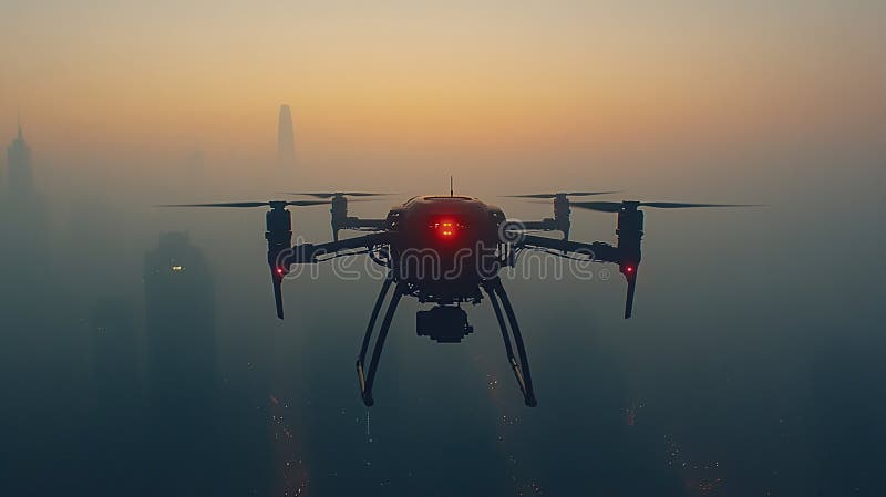 Drone obserwują mgliste miasto o świcie royalty ilustracja