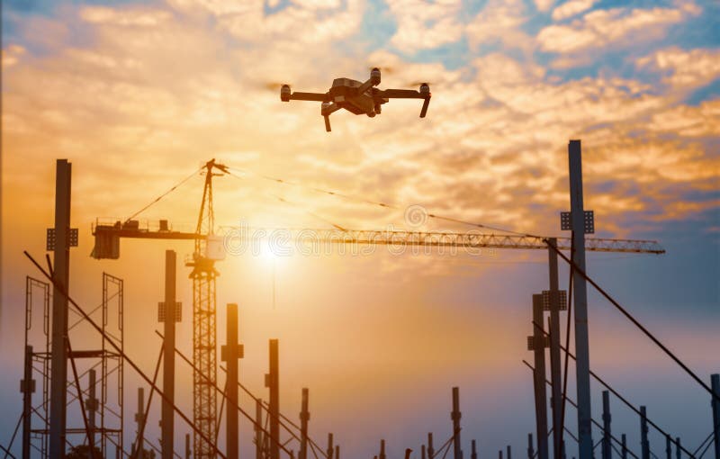 Drone Over Construction Site. Video Surveillance or Industrial