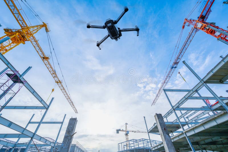 Drone Over Construction Site. Video Surveillance or Industrial