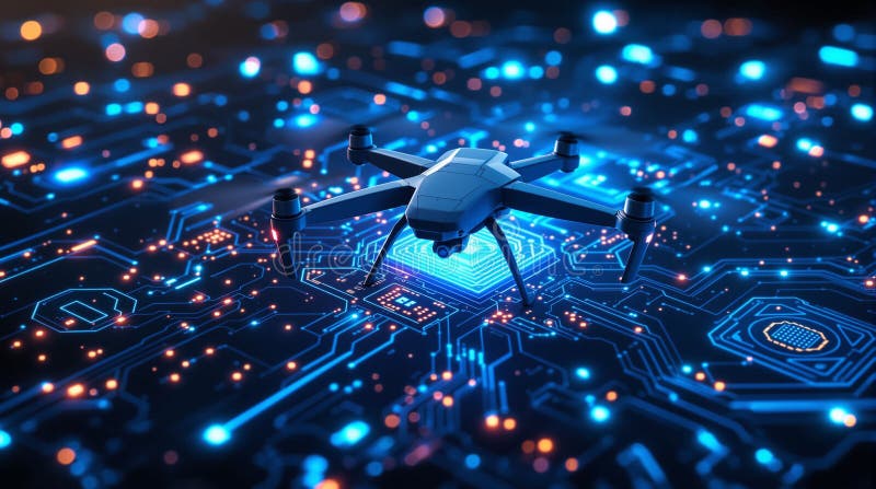 A drone is positioned above a vibrant circuit board illuminated by blue lights and complex designs royalty free stock images