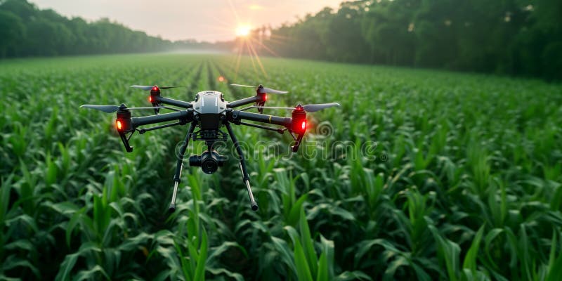Drone quadcopter with digital camera flying over corn field with copy space. Technology and agriculture concept. royalty free stock photography