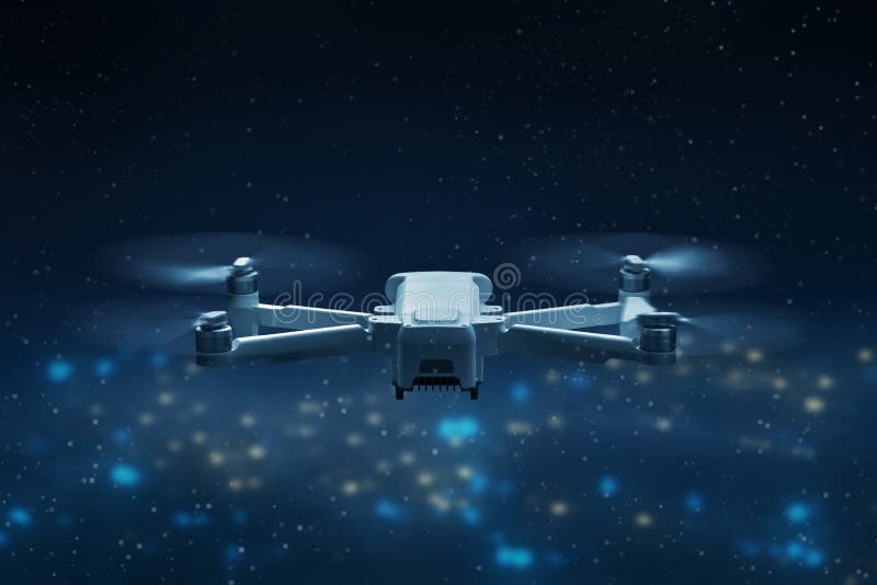 Drone Quadcopter Flying Above City at Night Stock Image Image of city