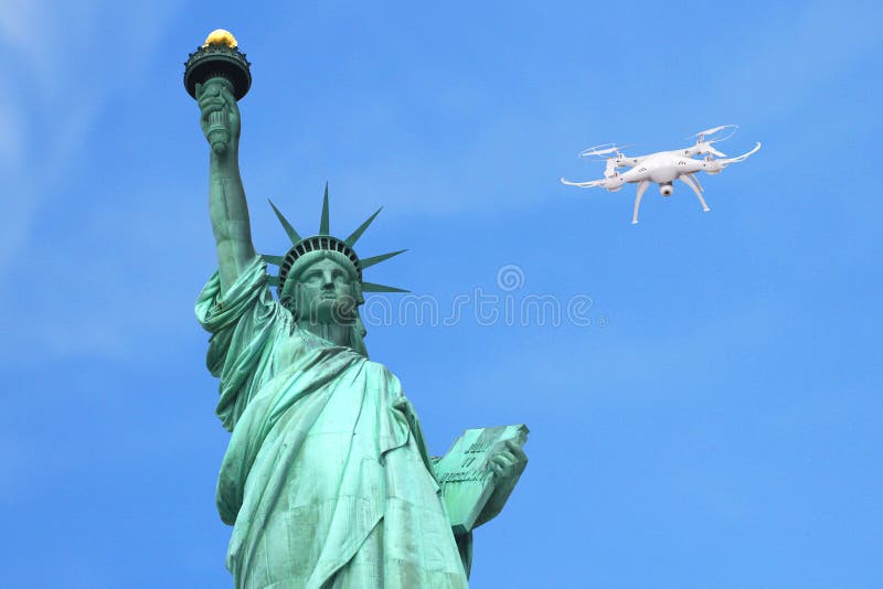 Drone Quadrocopter Flying Next To the Statue of Liberty in York, USA. and Surveillance Stock Photo - Image of manhattan, liberty: 163570500