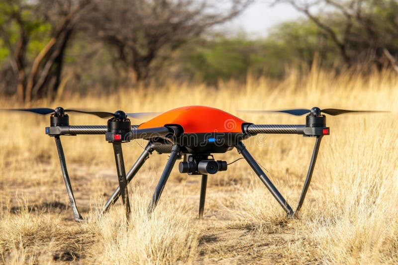 Drone resting on dry grass in an open field during daylight hours royalty free stock photo
