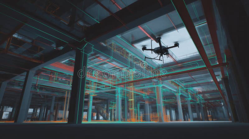 Drone Scanning Digital Blueprint in Industrial Structure Generative AI stock illustrationer