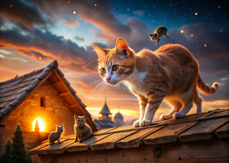 Luftaufnahme mit Drohne fängt die heimliche Mäusejagd roter Katzen auf dem Dach einer Krippe ein – Eine festliche, fellige Fehde vektor abbildung